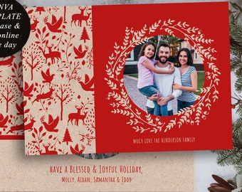 Editable Merry and Bright Christmas Card Canva Template, Kraft paper background, change graphic colors and wording to personalize, CCMB221