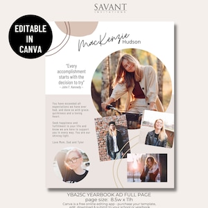 May include: A light pink and white yearbook ad template featuring a photo of a young woman on a bicycle. The text reads "Mackenzie Hudson" and includes a quote by John F. Kennedy: "Every accomplishment starts with the decision to try." The ad also includes a message from her parents and a note about the ad being editable in Canva.