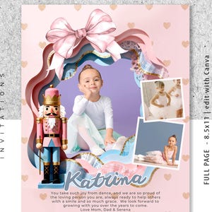 May include: A pink and light blue dance recital advert template featuring a young girl in ballet attire. The design includes a nutcracker, a large bow, and the name "Katrina". Text includes "Dance Recital Ad Template" and "8.5x11 edit with Canva".