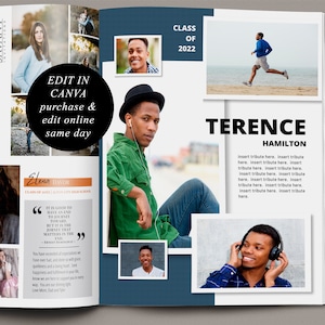 May include: A yearbook page with a blue background and a photo of a young man wearing a green shirt and a black hat. The text "Class of 2022" is printed in white on a blue background. The text "Terence Hamilton" is printed in black on a white background. The text "Insert tribute here. Insert tribute here. Insert tribute here. Insert tribute here. Insert tribute here. Insert tribute here. Insert tribute here. Insert tribute here. Insert tribute here. Insert tribute here." is printed in black on a white background.