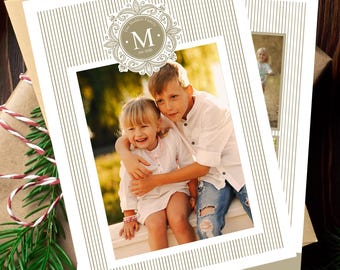 Monogram Stripes Christmas Card Template, DIY Personalized Photo Card (5x7 Canva and Photoshop templates)