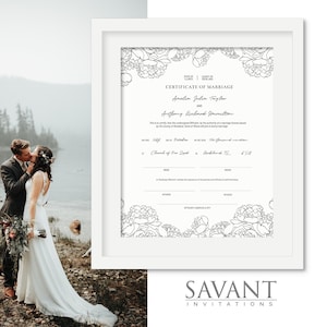 Heiratsurkunde, Heiratsurkunde, bearbeitbares, druckbares Hochzeitsandenken, SIE EDIT - Canva, 8.5X11, Peony, COM2