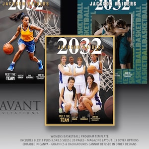 Novo! Modelo de programa de basquete feminino, anuário - esportes, noite de formatura, layout de revista de 20 páginas, editado no Canva, 8,5X11 e 5,5X8,5, 04GBSKTBL