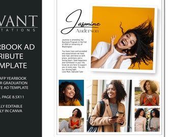 Op de afbeelding: Een sjabloon voor een jaarboekadvertentie met een collage van foto's van een jonge vrouw met de tekst "Jasmine Anderson" en een boodschap over haar prestaties. De tekst luidt: "Je hebt alle verwachtingen overtroffen die we ooit van je hadden, en dat met gratie, eigenzinnigheid en een liefdevol hart. Zoek geluk en vervulling in je leven. Weet dat we er zijn om je op alle manieren te steunen. Jij bent ons stralende licht. Liefde van Mama, Papa en Tyler."