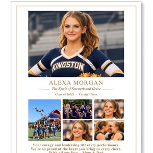 May include: A full-page yearbook tribute ad template featuring a collage of photos of a cheerleader in a navy and gold uniform. The text includes the name Alexa Morgan, Class of 20XX, Varsity Cheer, and the quote Shine. Lead. Inspire. with a message.