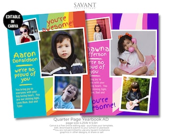 Quarter Page Bold Bright Yearbook Tribute Ad for Elementary Middle School - Buyer edits with free Canva App, YBES6QP