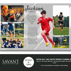 Modèle de page de publicité pour l'obtention du diplôme de football d'une demi-page pour l'annuaire - publicité pour le programme de football sportif - à modifier et à personnaliser sur Canva - 2SPYBA