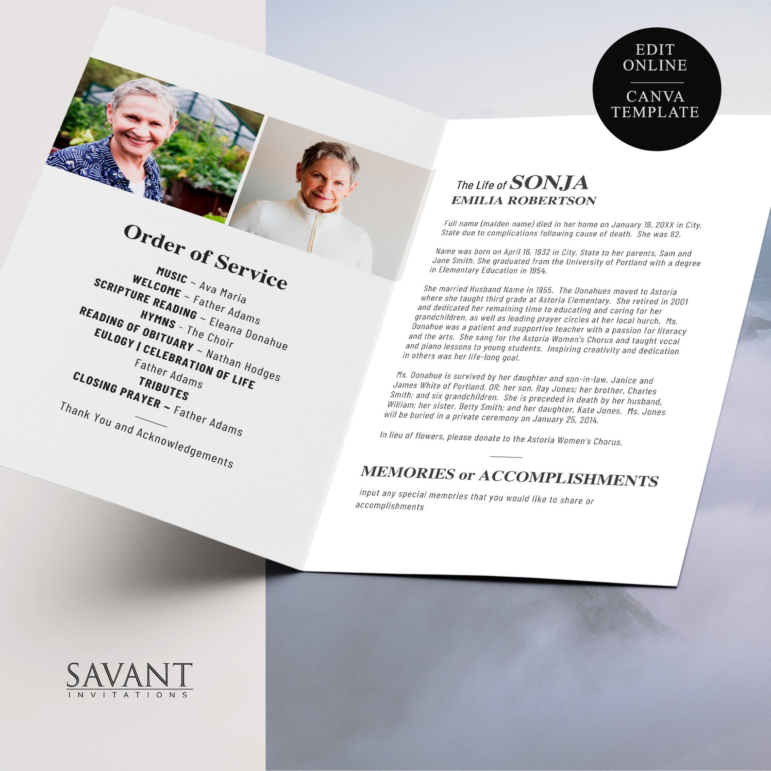 Minimalist Funeral Program Template Canva Template Etsy