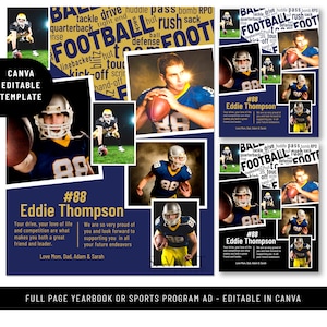 Full Page Football Yearbook Ad Template, Sports Program Ad, editable in CANVA, 8.5x11 Photo Collage, FYA3
