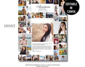 Plantilla de homenaje para anuncio de anuario de página completa, plantilla de Canva, plantilla editable DIY 8.5x11, collage personalizado de 43 fotos, colores de la escuela, YBAG735