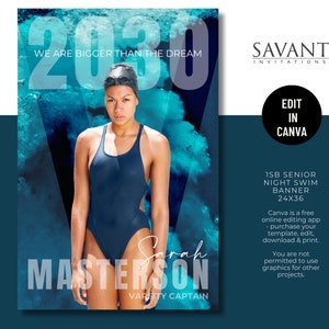 Modèle de bannière de natation de nuit pour seniors et modèle de publicité GRATUIT pour le programme sportif Yearbook Hommage - nageurs et entraîneurs - publicité 8,5 x 11 - bannière 24 x 36