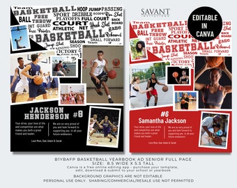 Basketball Yearbook Ad Full Page, Sports Program Ad, editable in CANVA, 8.5x11 Photo Collage, B1YBAFP