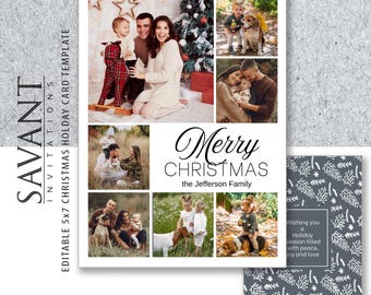 Classic Christmas Card Template: Editable custom multi photo Merry Christmas holiday 5x7 card template with festive card back, edit in Canva