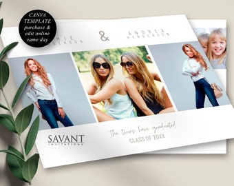 Modello annuncio di laurea gemelli, modello Canva modificabile, modello collage fotografico di laurea, GA356a