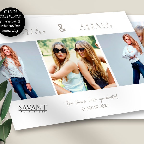 Twins Graduation Announcement Template, Editable Canva Template, Graduation Photo Collage Template, GA356a