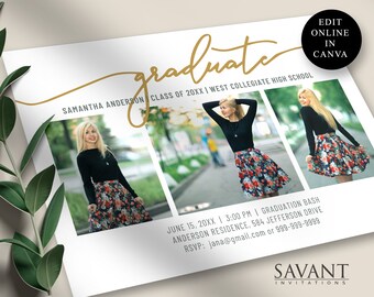 Biglietto di laurea per annuncio senior, modello di invito per laureati, modello Canva, carta collage fotografico, 5x7, fai da te, modificabile e stampabile, 21a