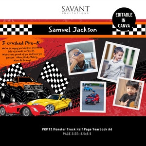 Monster Truck Yearbook Ad, Half Page Yearbook Tribute Page pour les jeunes diplômés - primaire - collège, PKMT3