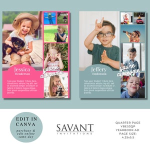 QUARTER PAGE Photo Yearbook Ad for Elementary Middle School, Yearbook Tribute Ad - Buyer edits with free Canva App, YBES3QP