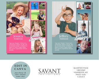QUARTER PAGE Photo Yearbook Ad for Elementary Middle School, Yearbook Tribute Ad - Buyer edits with free Canva App, YBES3QP