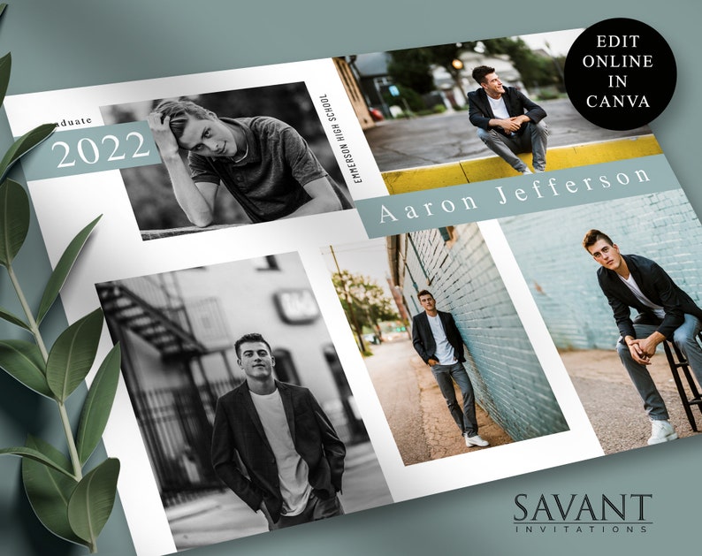 Pu&ograve; includere: Un annuncio di laurea con un collage di quattro foto in bianco e nero di un giovane uomo. L'annuncio include il nome "Aaron Jefferson", l'anno "2022" e il nome della scuola "Emerson High School".