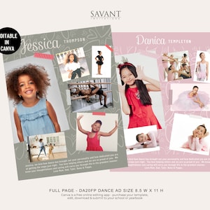 Puede incluir: Un collage de fotos de dos chicas jóvenes en poses de baile. Las fotos están rodeadas de un fondo rosa y gris con corazones y flechas. El texto "Jessica Thompson" y "Danica Templeton" está en la parte superior del collage. El texto "FULL PAGE - DA20FP DANCE AD SIZE 8.5 W X 11 H" está en la parte inferior del collage. El texto "Canva es una aplicación de edición en línea gratuita: compra tu plantilla, edítala, descárgala y envíala a tu escuela o anuario" está debajo de la información de tamaño.