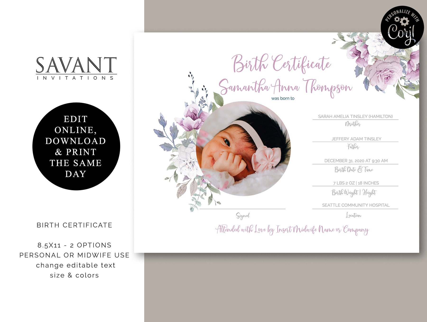 Birth Certificate Girl Midwife Printable Editable Floral - Etsy