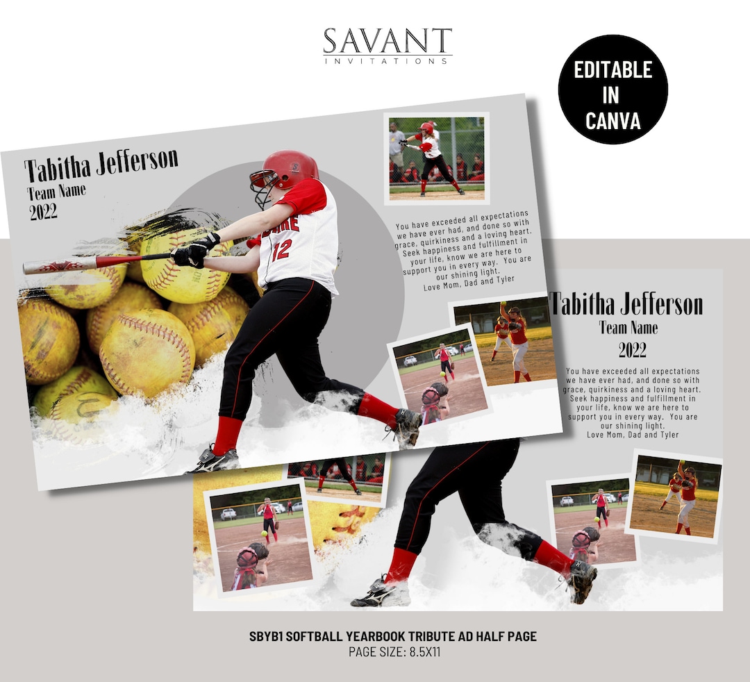 Softball Ad Template, Yearbook or Sports Program Tribute Half Page