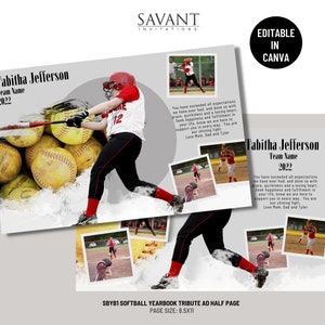 Softball Ad Template, Yearbook or Sports Program Tribute half page, Editable in Canva, SBYB1