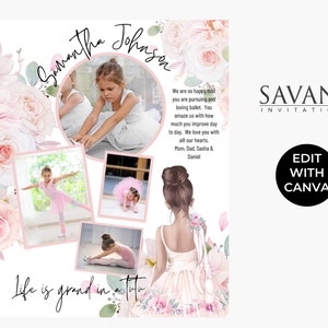May include: A collage of photos of a young girl in a ballet studio. The photos are surrounded by pink flowers and the text "Samantha Johnson" is written in a cursive font. The text "Life is grand in a tutu" is written at the bottom of the collage. The text "We are so happy that you are pursuing and loving ballet. You amaze us with how much you improve day to day. We love you with all our hearts. Mom, Dad, Sasha & Daniel" is written on the right side of the collage.