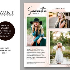 May include: A full-page yearbook ad template with a pink watercolour background and three photos of a young woman. The text "Samantha Burnstead" and "Graduate 20XX" is included in the design. The ad is 8.5 inches by 11 inches.