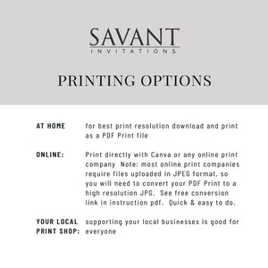 Op de afbeelding: Een afbeelding met de tekst "SAVANT INVITATIONS" en "PRINTING OPTIONS". Instructies voor afdrukken thuis, online en bij een lokale drukkerij zijn opgenomen. De tekst adviseert het downloaden van een PDF-bestand voor de beste afdrukresolutie.