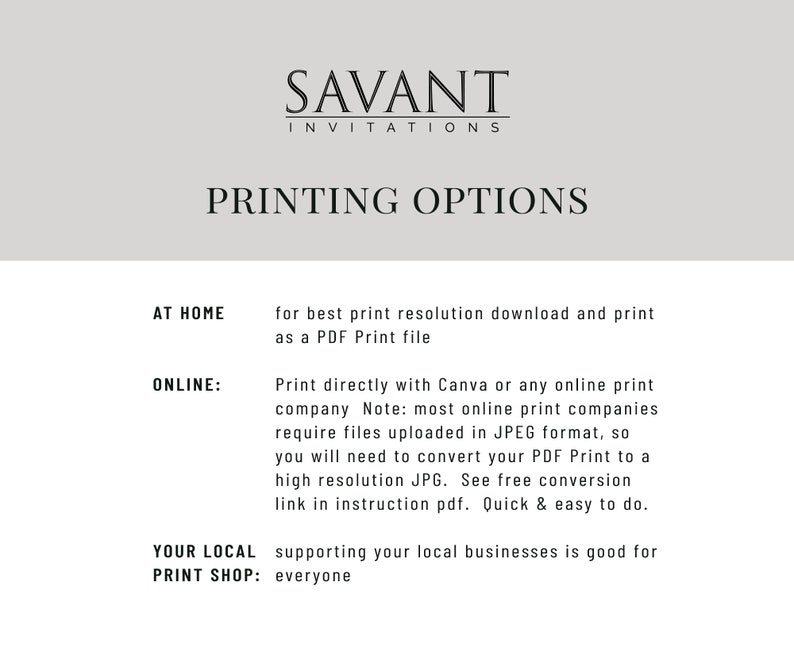 Op de afbeelding: Een afbeelding met de tekst "SAVANT INVITATIONS" en "PRINTING OPTIONS". Instructies voor afdrukken thuis, online en bij een lokale drukkerij zijn opgenomen. De tekst adviseert het downloaden van een PDF-bestand voor de beste afdrukresolutie.