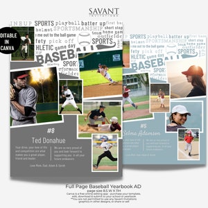 May include: A full-page baseball yearbook ad template with a gray background and a blue and white baseball theme. The ad features two baseball players, Ted Donahue and Selma Adamson, with their jersey numbers and names. The text includes the words "Sportsmanship", "Baseball", and "Game Day".