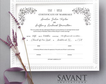 Certificate of Marriage, Marriage Certificate, Editable, Printable Wedding Memento, Canva Template, YOU EDIT, 8.5X11, COM1A