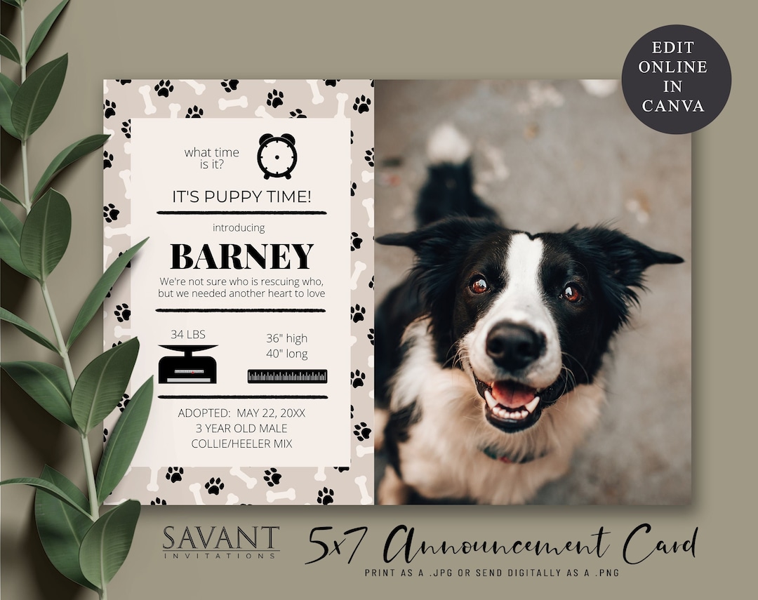 Editable Pet Template, We've Adopted Announcement Card, Puppy Dog 5x7 ...