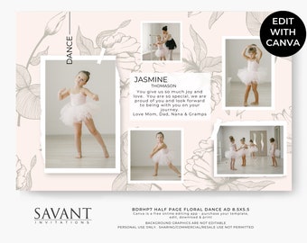 ¡Nuevo! Plantilla de anuncio de recital de danza floral de media página - Anuncio de programa de danza elegante - Collage de fotos - colores de diseño editables - editar en Canva - BDRHP7