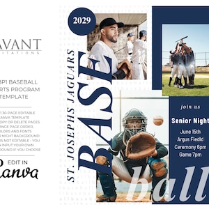 Op de afbeelding: Een blauwe en witte baseball sportprogramma sjabloon voor de St. Josephs Jaguars. De sjabloon is bewerkbaar in Canva en bevat een aankondiging voor een senior night evenement op 15 juni in Argus Field. Het evenement omvat een ceremonie om 18:00 uur en een wedstrijd om 19:00 uur.