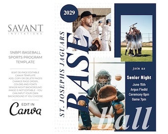 Plantilla de programa de béisbol - Plantilla para la noche de los mayores - Diseño estilo revista US Letter - Fácil de personalizar en Canva - 30 páginas - Anuario - SNBP1