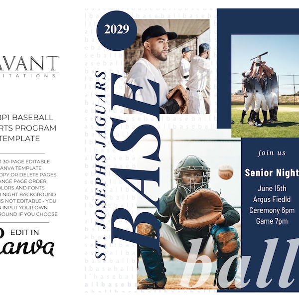Baseball Program Template - Senior Night Template - US Letter magazine style design - easy to customize in Canva - 30 page- Yearbook - SNBP1