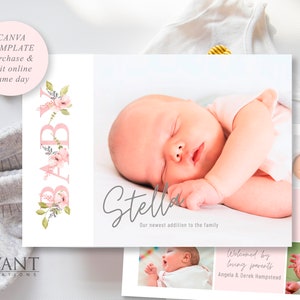Annonce de bébé jolie en rose annonce de naissance Photo Collage carte modèle, modèle Canva modifiable, bébé fille, BBA10