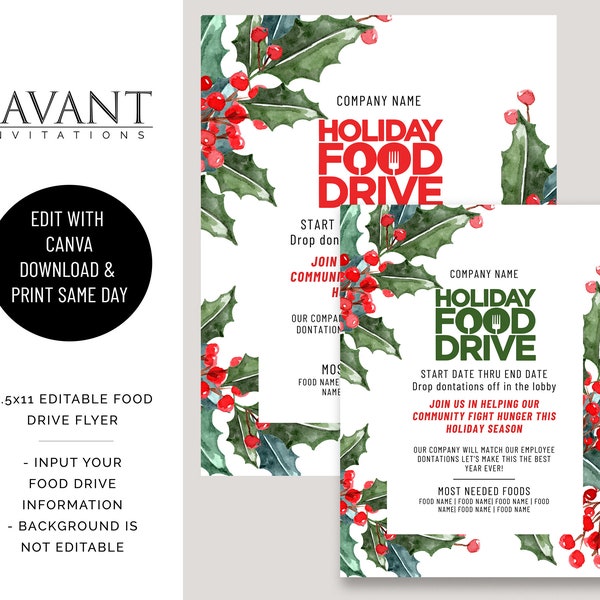 Christmas Holiday Food Drive Flyer, Printable Editable Canva Template Christmas Food Drive Flyer, 8.5x11 Flyer, Watercolor Holly, HFDR1