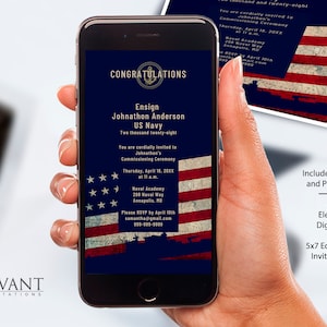 Modèle de Canva de carte d’annonce de mise en service de la marine, Invitation imprimable 5 x 7 modifiable, Evite de diplômé militaire électronique, Promotion, USN3