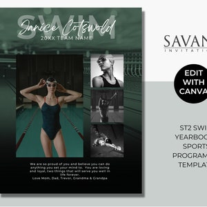 May include: A green and black template for a swim team yearbook or sports program ad. The template features a photo of a swimmer in a pool and the text "Janice Cotswold 20XX TEAM NAME" at the top. The text "ST2 SWIM YEARBOOK/SPORTS PROGRAM AD TEMPLATE" is at the bottom of the template.