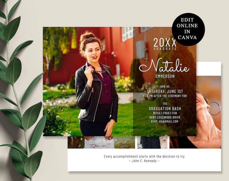 Puede incluir: Invitaci&oacute;n de graduaci&oacute;n con una foto de una mujer con una chaqueta de cuero negra sobre un fondo rojo. El texto dice "20XX Graduada Natalie Emmerson &Uacute;nase a nosotros S&aacute;bado, 1 de junio 3-5 PM despu&eacute;s de la ceremonia para el Baile de Graduaci&oacute;n M&uacute;sica I Comida I Diversi&oacute;n 8987 Edgewood Drive RSVP: AG@GMAIL.COM"