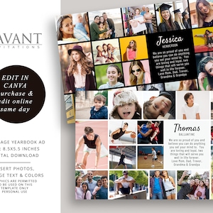 Plantilla de anuncio de media página para el anuario de graduación editable en Canva; Homenaje de graduación de la escuela primaria, secundaria y superior; 16 fotos, YBA401HP