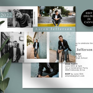 Pu&ograve; includere: Un invito di laurea con un collage di foto di un giovane uomo in abito nero e jeans. L'invito include il nome del laureato, Aaron Jefferson, la data e l'ora della cerimonia di laurea e la posizione del party di laurea. L'invito include anche il testo "Modifica online in Canva".