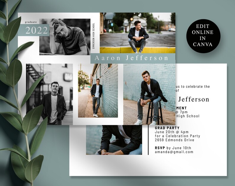 Pu&ograve; includere: Un invito di laurea con un collage di foto di un giovane uomo in abito nero e jeans. L'invito include il nome del laureato, Aaron Jefferson, la data e l'ora della cerimonia di laurea e la posizione del party di laurea. L'invito include anche il testo "Modifica online in Canva".