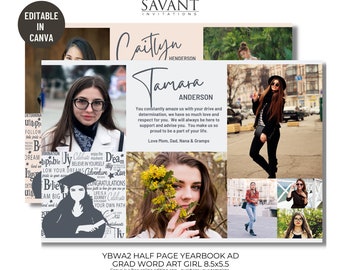 Editable Half Page Graduation Word Art GIRL Yearbook Ad Template editable in Canva, Senior Graduation, YBWA2GIRL