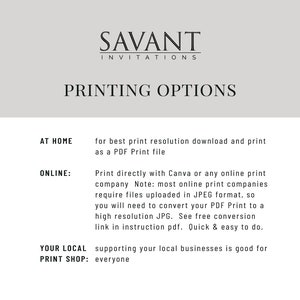 May include: A white text graphic on a gray background with the text "SAVANT INVITATIONS PRINTING OPTIONS". The text below lists three options for printing invitations: "AT HOME", "ONLINE", and "YOUR LOCAL PRINT SHOP".