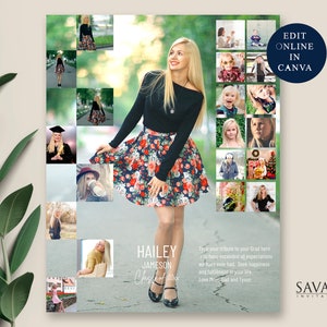 May include: A graduation collage featuring a young woman in a floral skirt and black top. The collage includes photos of the graduate in various settings, including a graduation ceremony, a park, and a Christmas tree. The text "HAILEY JAMESON Class of 20xx" is included in the collage.